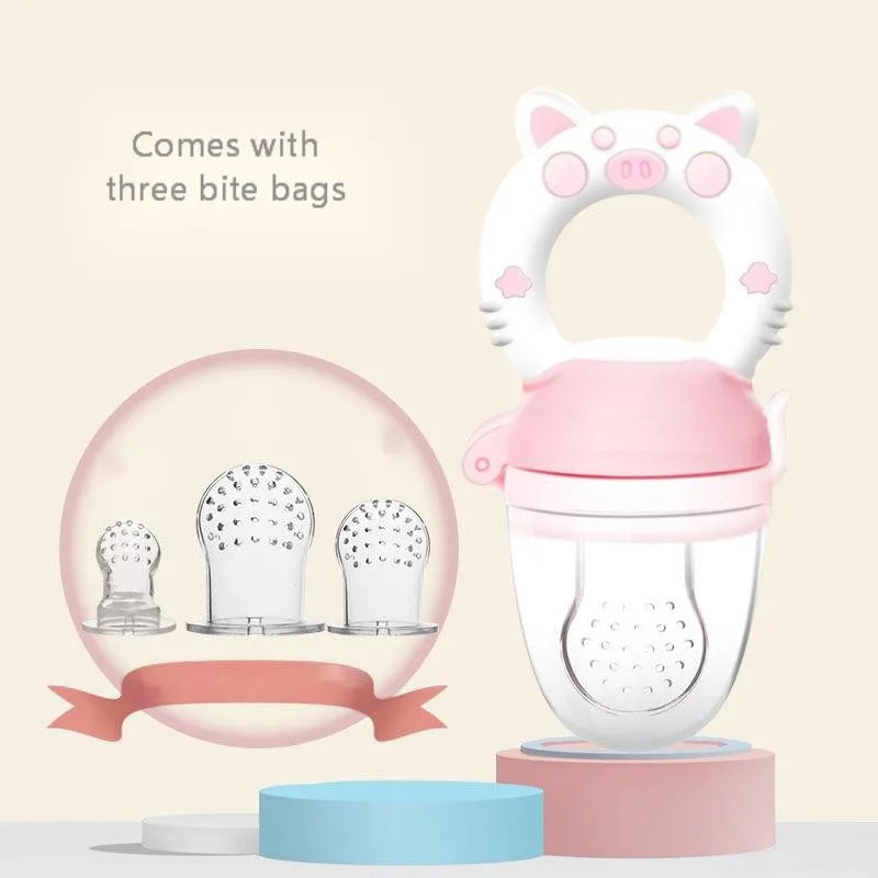 Silicone baby teether with textured mouthpieces in blue, green, or pink colour options