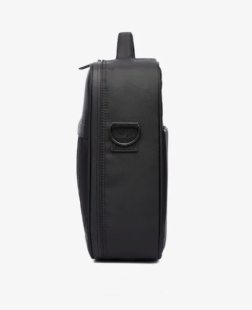 Black Oxford fabric men's messenger bag showing shoulder strap and compact dimensions