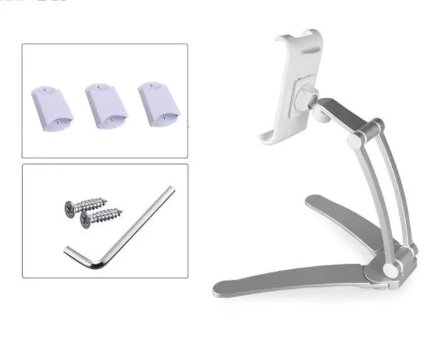 Silver and white aluminum alloy desktop stand holding a tablet at an adjustable angle.