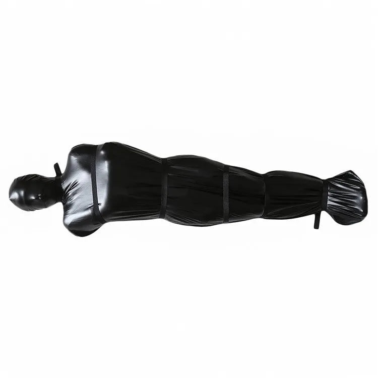 Black patent leather bondage set with full coverage garment and six ratchet tie-down straps