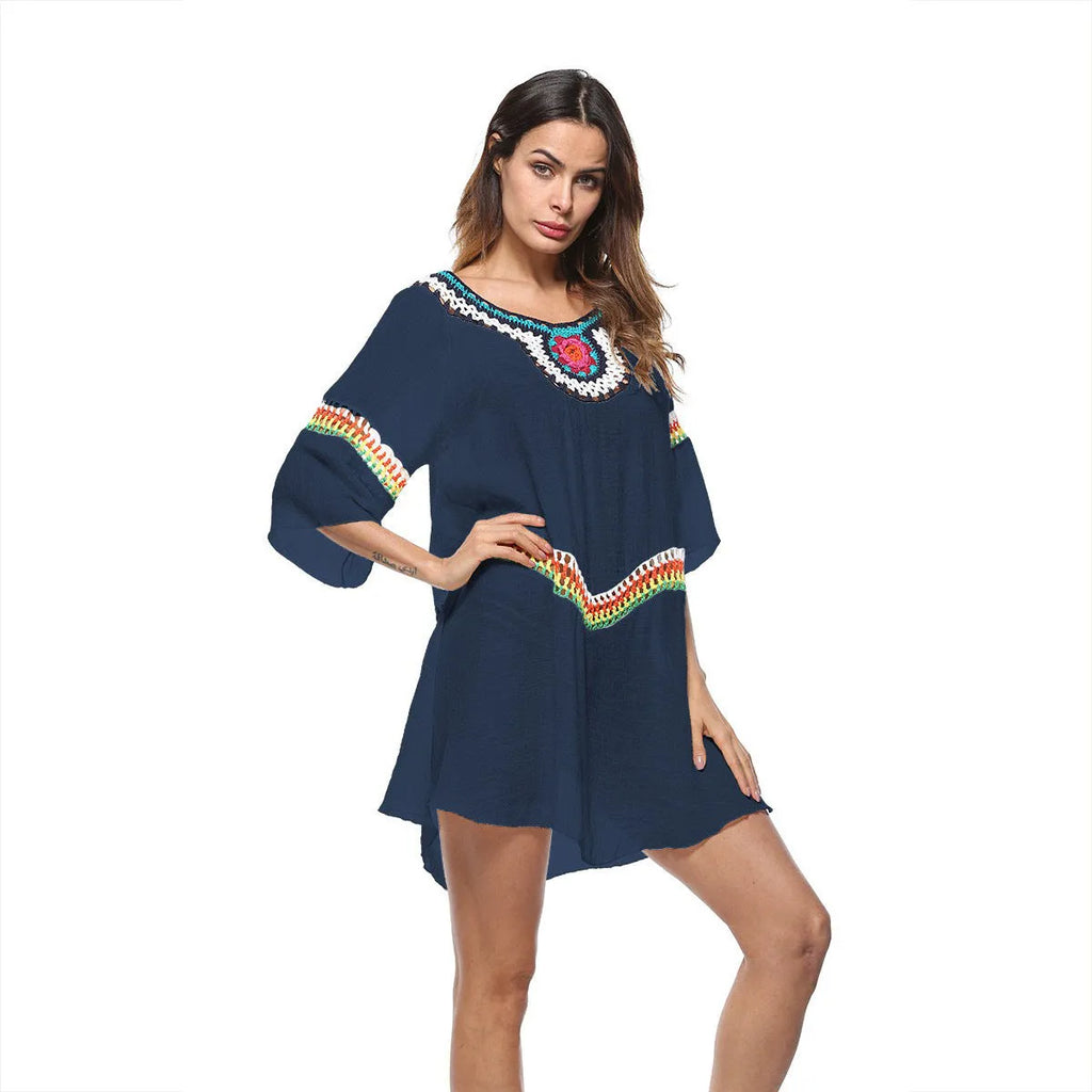 Woman's ethnic crochet beach cover-up top in apricot colour, free size, for sun protection.