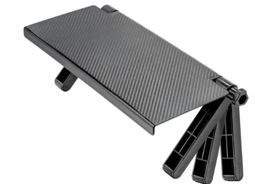 Black adjustable 13-inch screen top shelf mounted above a monitor, holding a streaming device and remote.