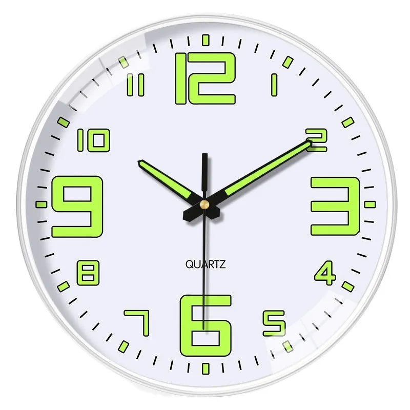 20cm modern luminous wall clock with plastic shell on a wall.