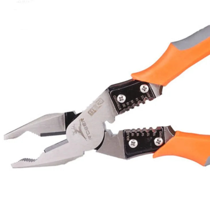 Orange handled 9-inch multi-function wire cutter pliers with chrome steel clamp head.