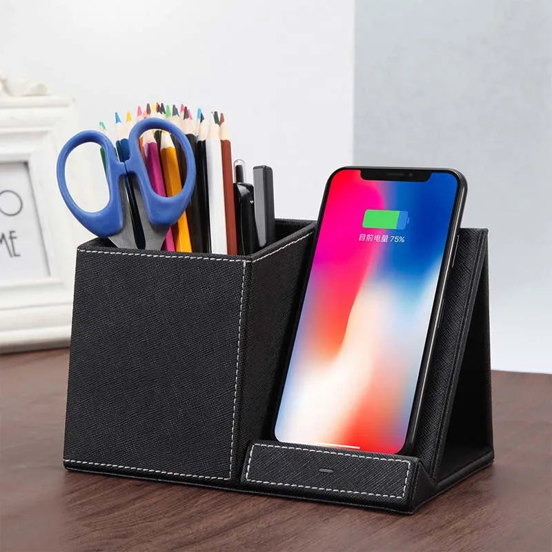 Leather wireless charging station with integrated pen holder compartment for desk organisation