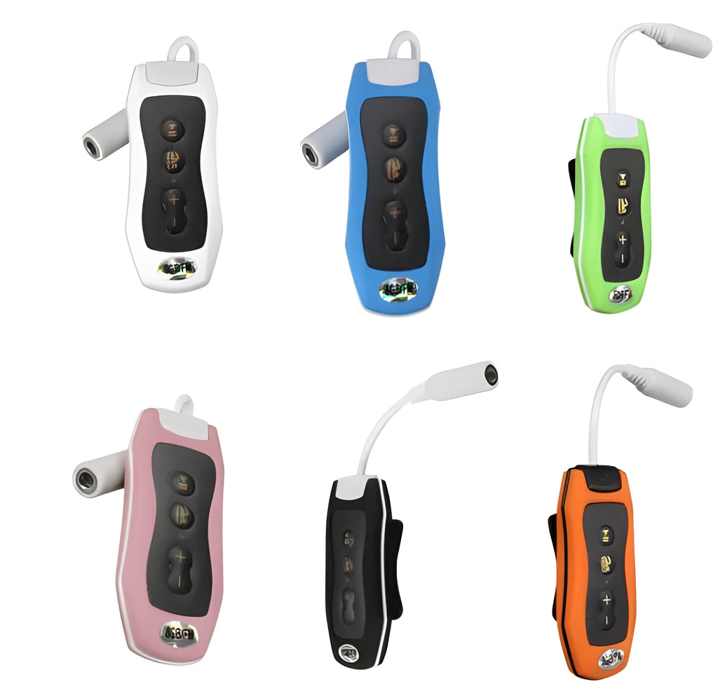 Compact black Bluetooth MP3 headset with IPX68 waterproof rating for sports.