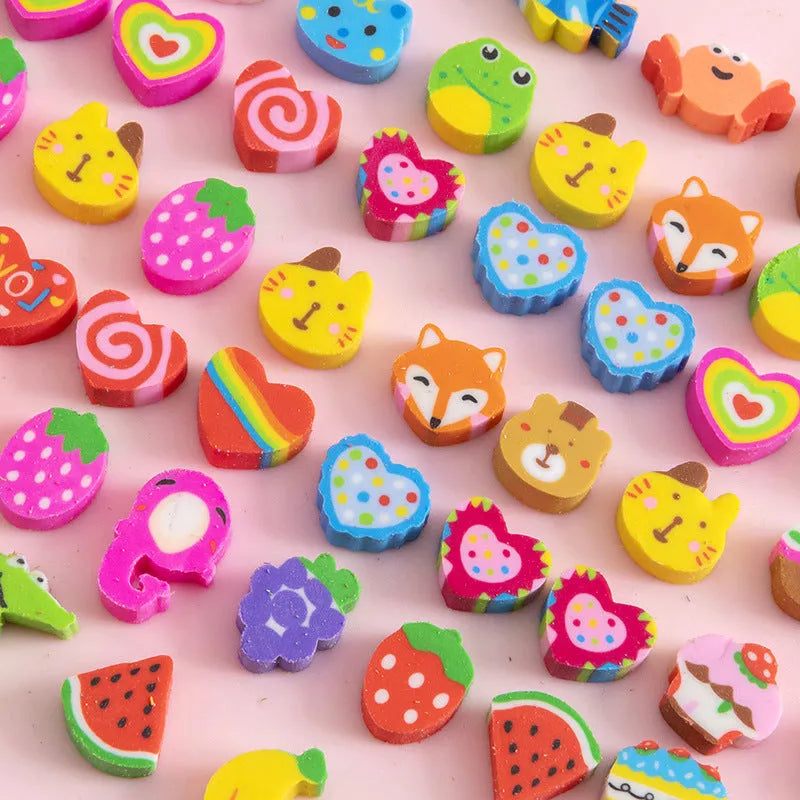 Open pearlescent film bag showing 50 small colourful cartoon fruit-themed rubber erasers.