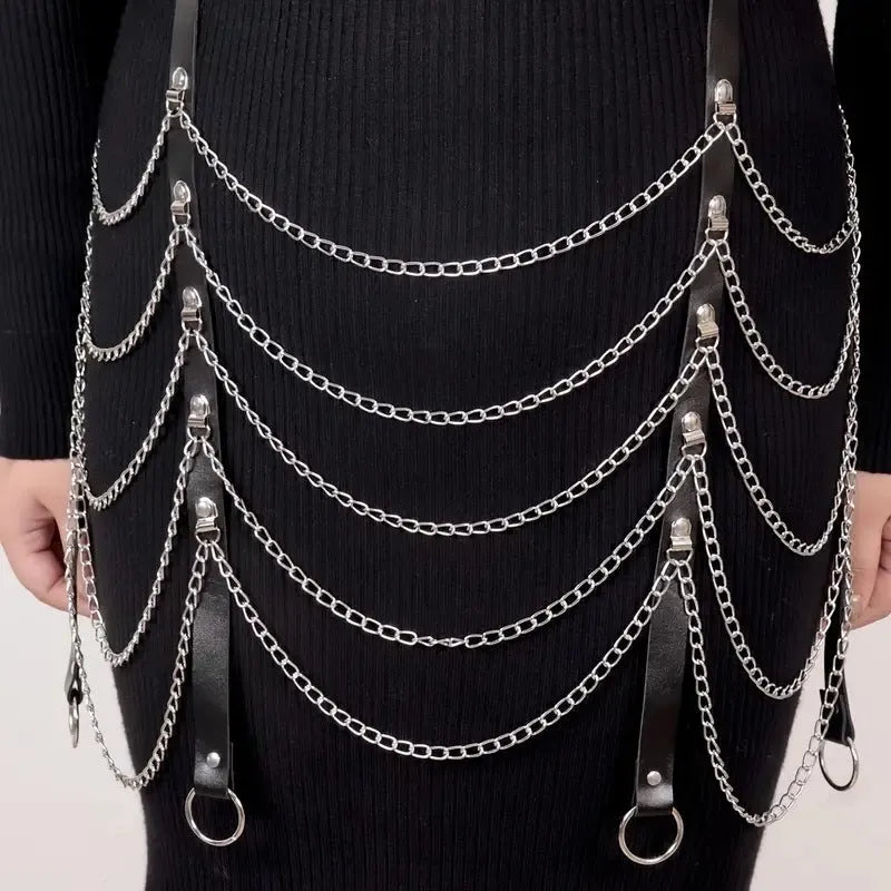 Black PU leather waist chain with bandage-style binding design for female fashion ornament