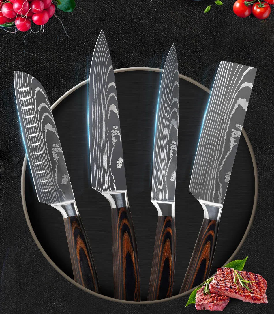 7CR17 Damascus steel chef knife with colour steel handle, 18cm blade