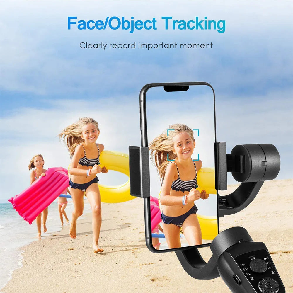Black three-axis handheld gimbal stabilizer for mobile phones with extended battery and tripod