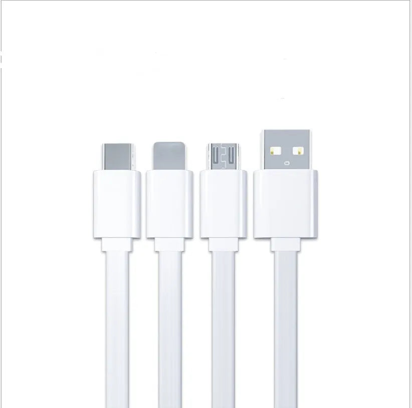 Three-in-one data cable 1m noodles style one for three in black or white, split connector for multiple devices.