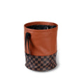Retractable leather car trash can shown in folded and open states with handle.