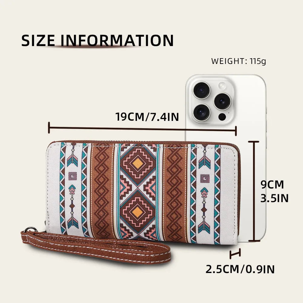 Bohemian striped canvas RFID wallet showing anti-theft function and multiple colour options