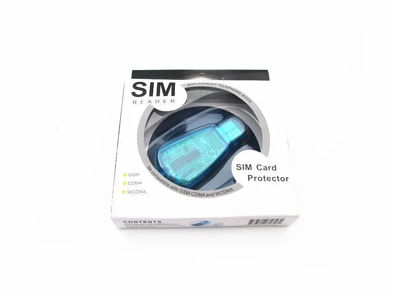 Blue external USB SIM card reader for backing up mobile phone contacts and messages.