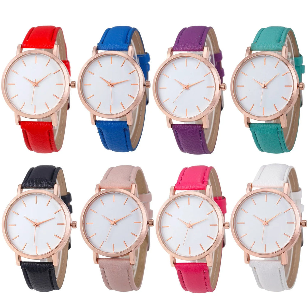 35.5mm quartz watch with alloy case and PU leather strap in various colour options
