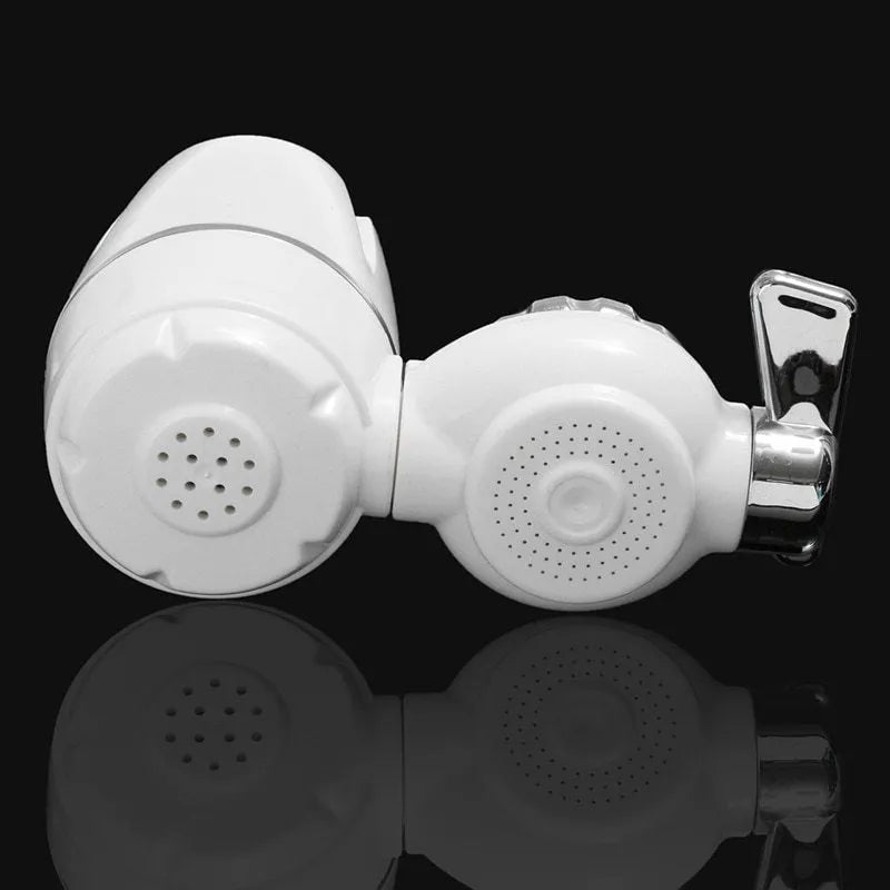 White faucet-mounted water purifier with ceramic filter and adapter kit for kitchen tap installation.