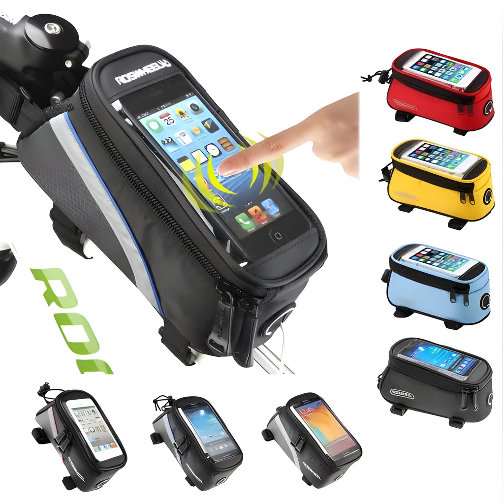 ROSWHEEL black waterproof bicycle frame bag mounted on bike tube holding a mobile phone.