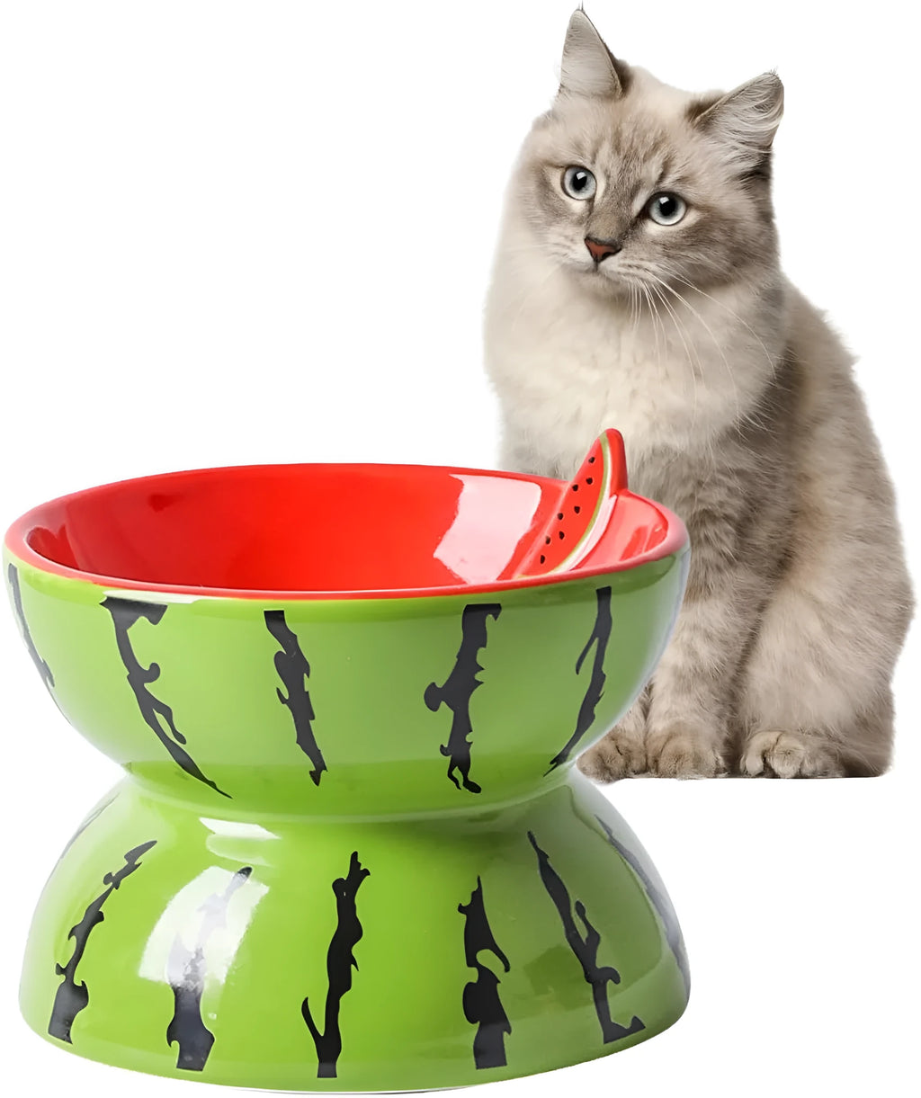 Orange patterned ceramic elevated cat bowl on a wooden floor.