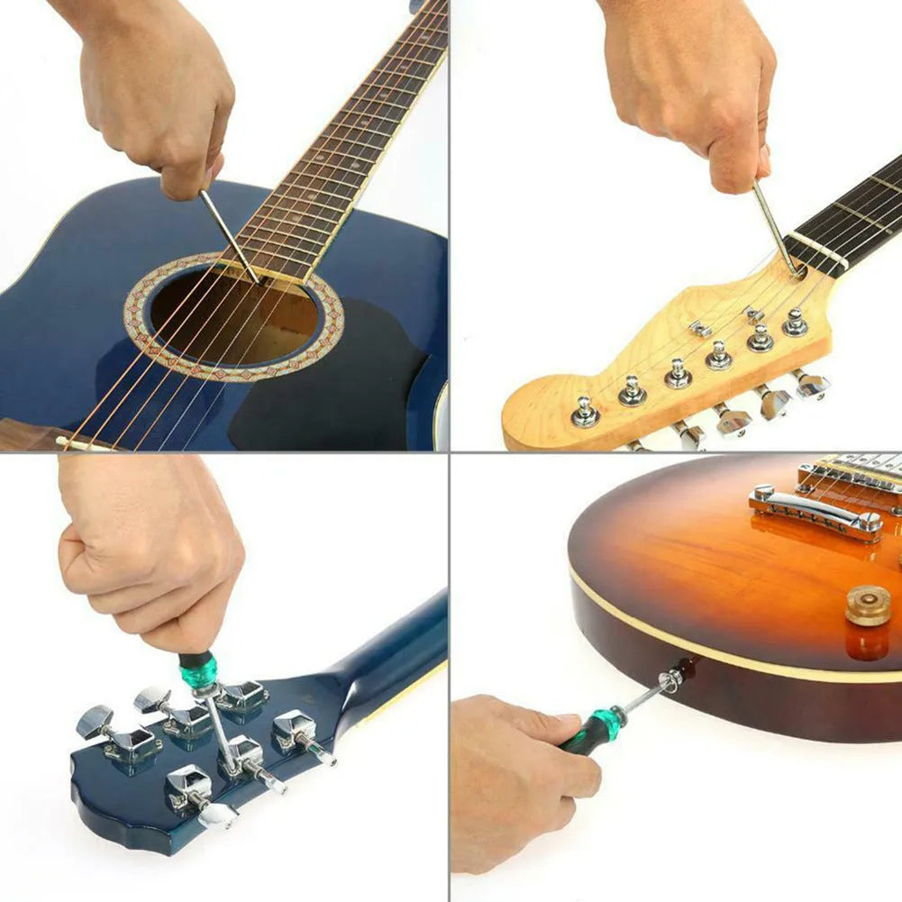 Black plastic case open to reveal a guitar and bass repair tool kit with metal tools for mandolin and banjo maintenance.