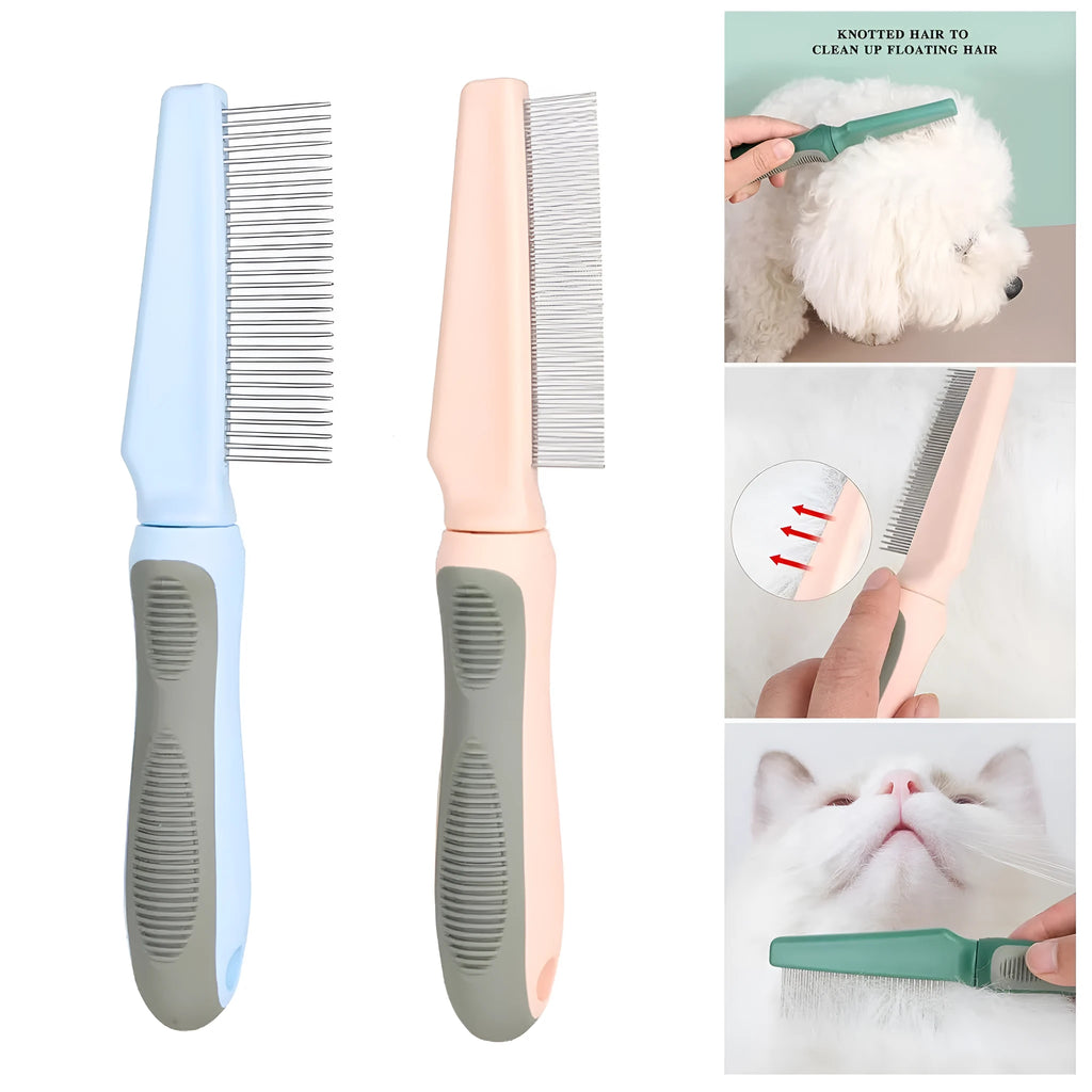 Blue pet detangler comb showing three different tooth patterns and rubber handle