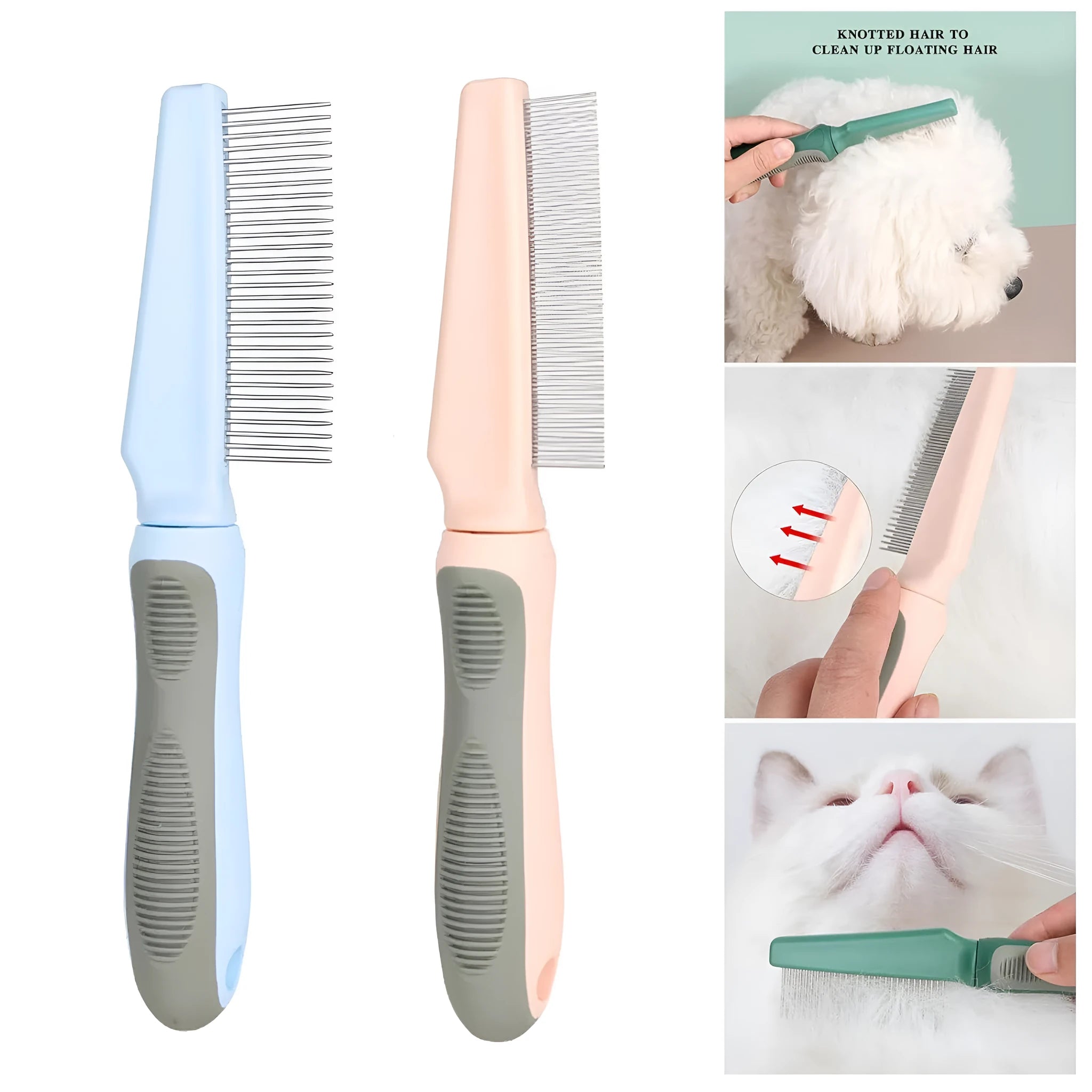 Blue pet detangler comb showing three different tooth patterns and rubber handle