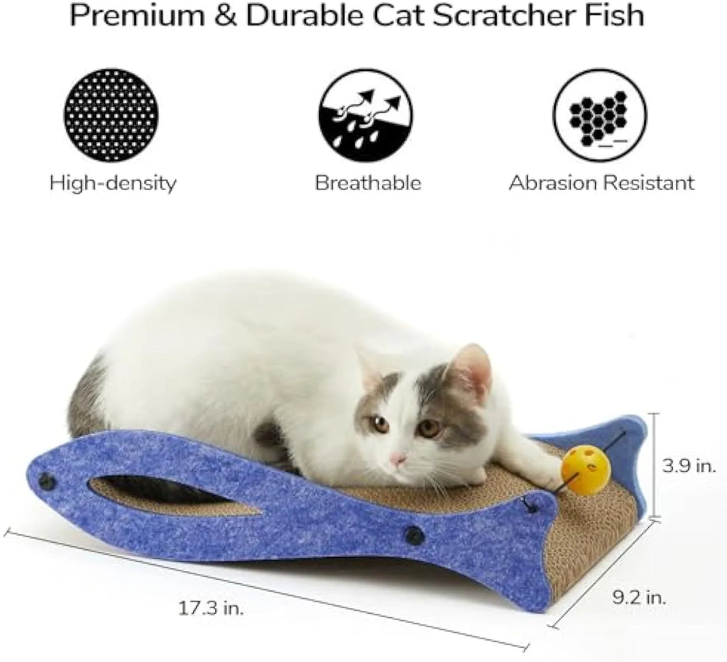 Blue fish-shaped cardboard cat scratcher with a bell toy on a string, shown on a flat surface.