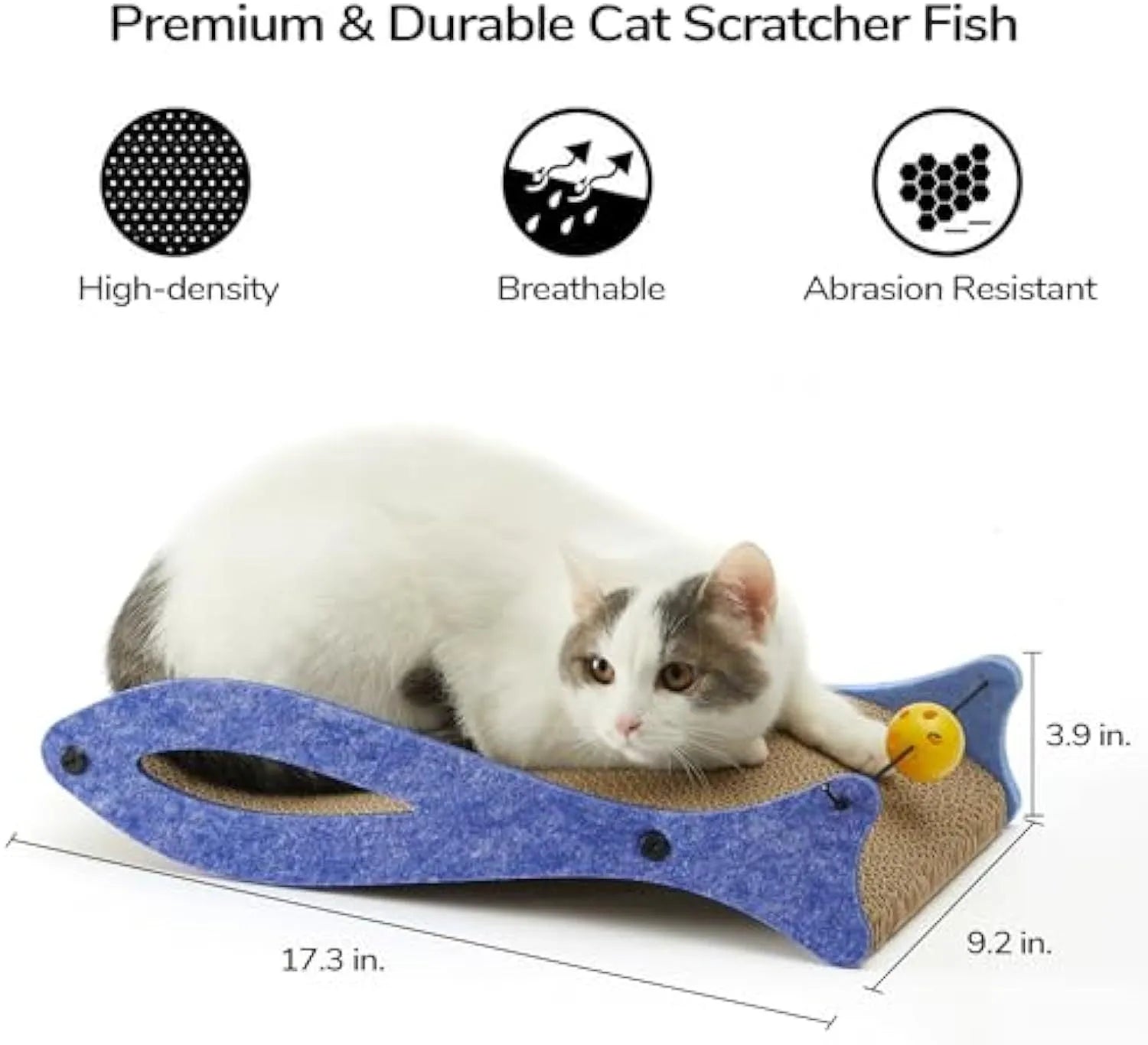 Blue fish-shaped cardboard cat scratcher with a bell toy on a string, shown on a flat surface.
