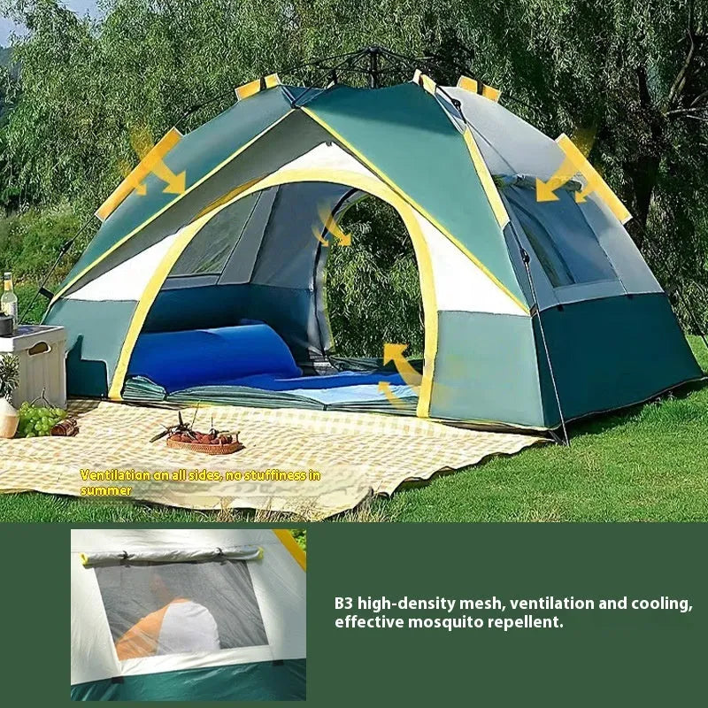 Dark green automatic camping tent with fibreglass poles and silver tape coating set up outdoors