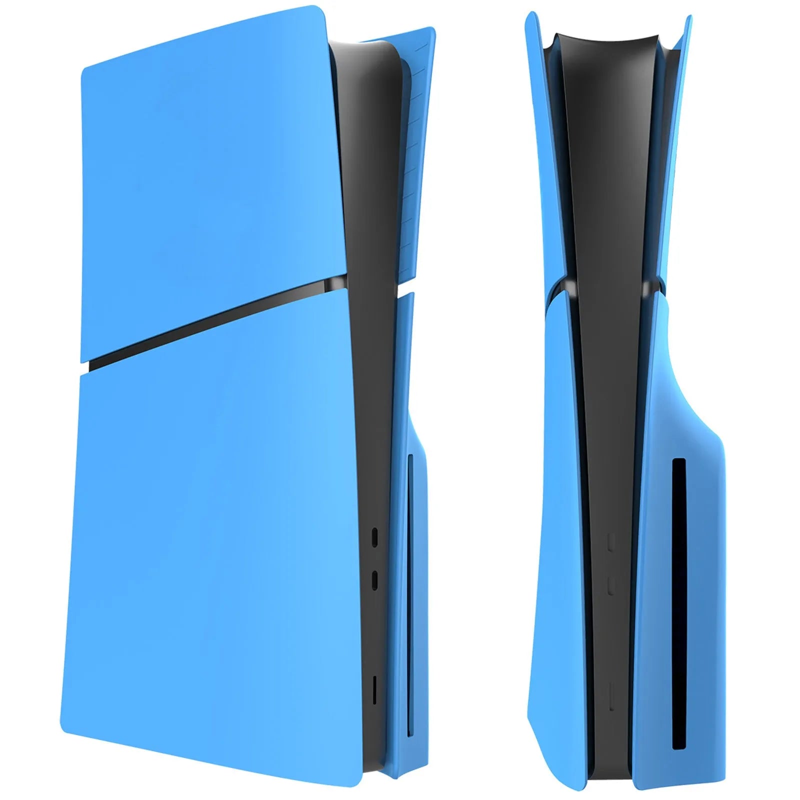 PS5 Slim console with blue ABS plastic replacement shell panels installed