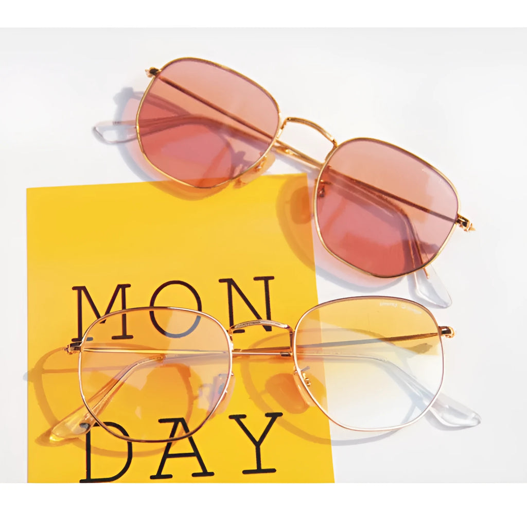 Retro metal frame sunglasses with UV400 resin lenses in 12 colour options including transparent yellow and blue