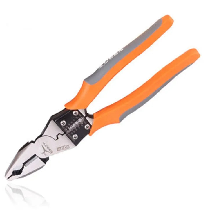 Orange handled 9-inch multi-function wire cutter pliers with chrome steel clamp head.