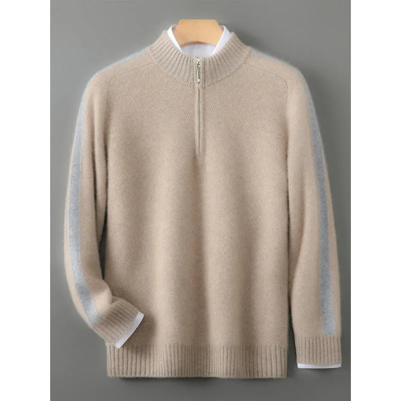 Sheep wool half-height zip round neck slim fit sweater in raw velvet camel colour