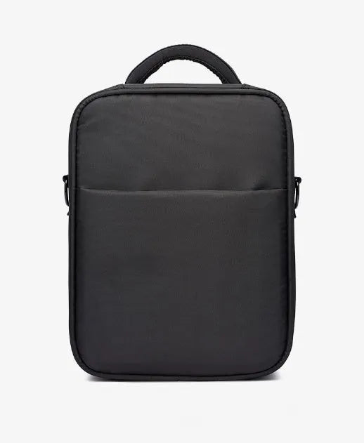 Black Oxford fabric men's messenger bag showing shoulder strap and compact dimensions