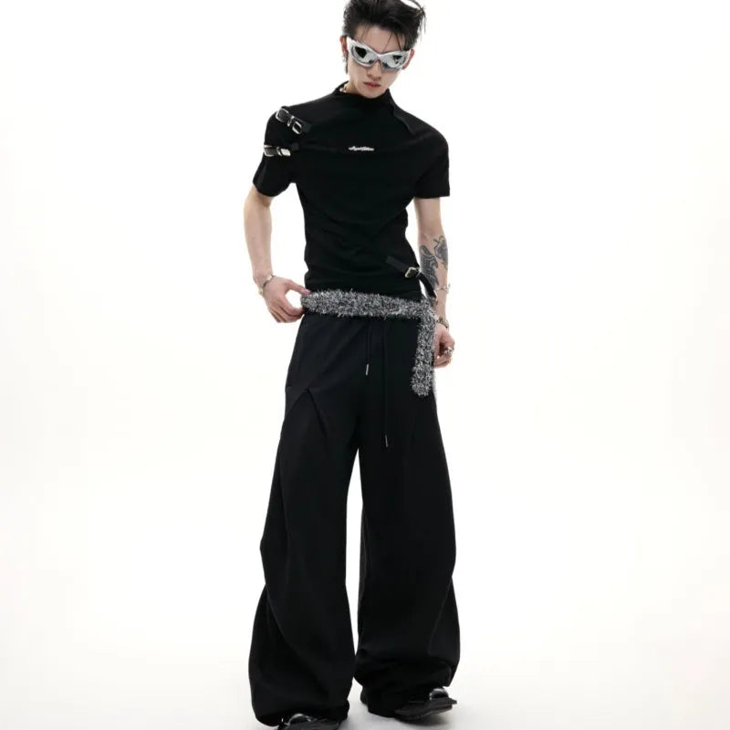 Cotton men's slim fit T-shirt with metal belt design and stand-up collar in black and white colours