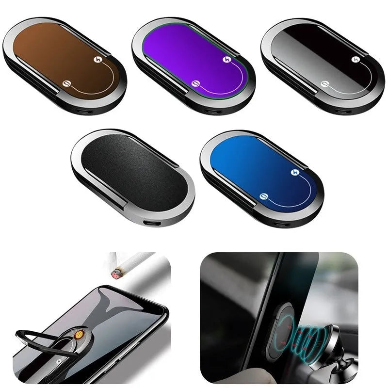 2 in 1 USB plasma lighter and mobile phone holder in aluminium alloy, black ice colour, with ring buckle and USB charging cable