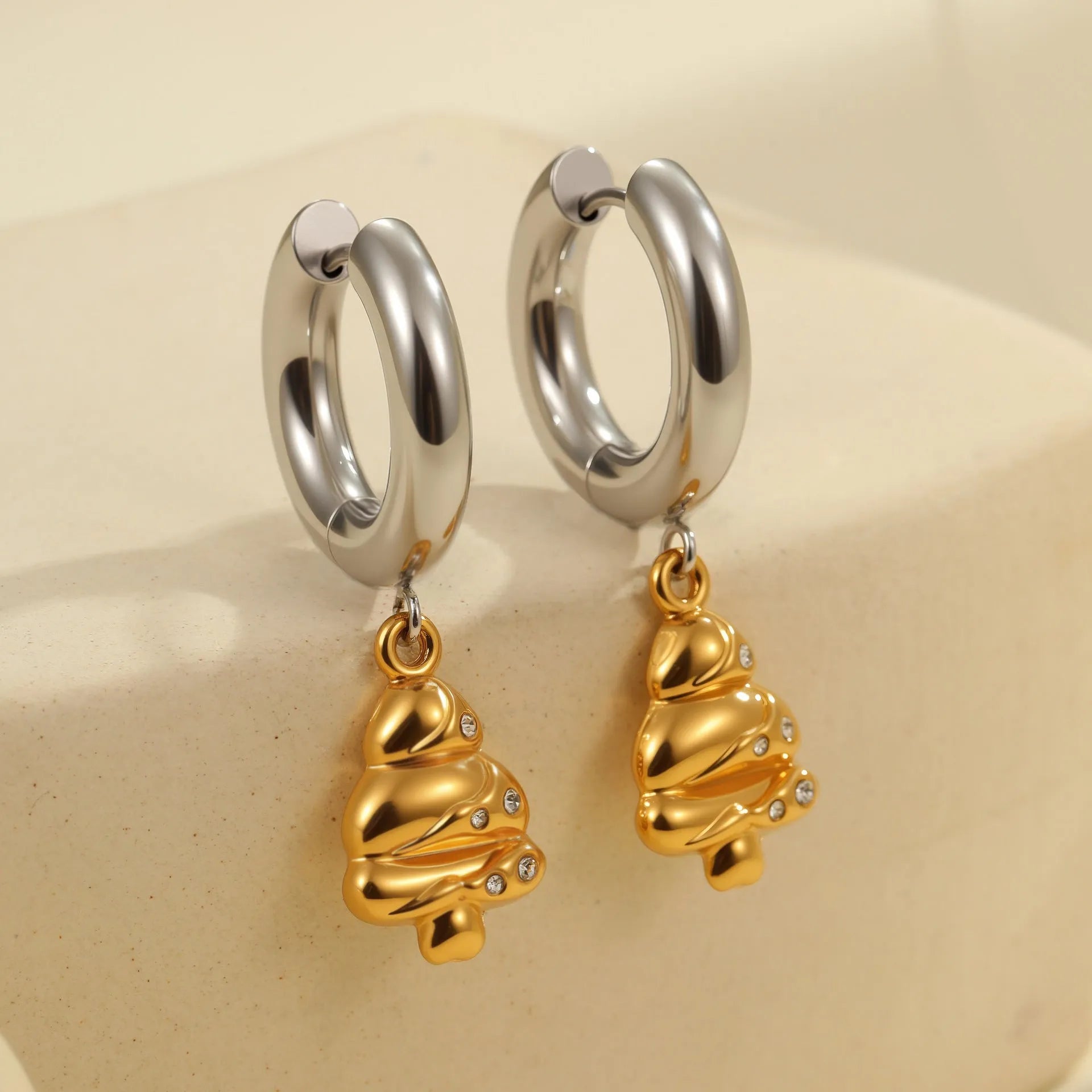 Christmas tree and heart shaped stainless steel earrings with 18K gold electroplating