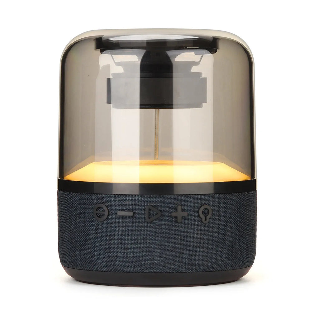 Black wireless Bluetooth speaker with LED lighting and touch controls showing four colours