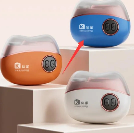 Electric nail clippers and polish tool in blue, orange, or white colours with Type-C charging port