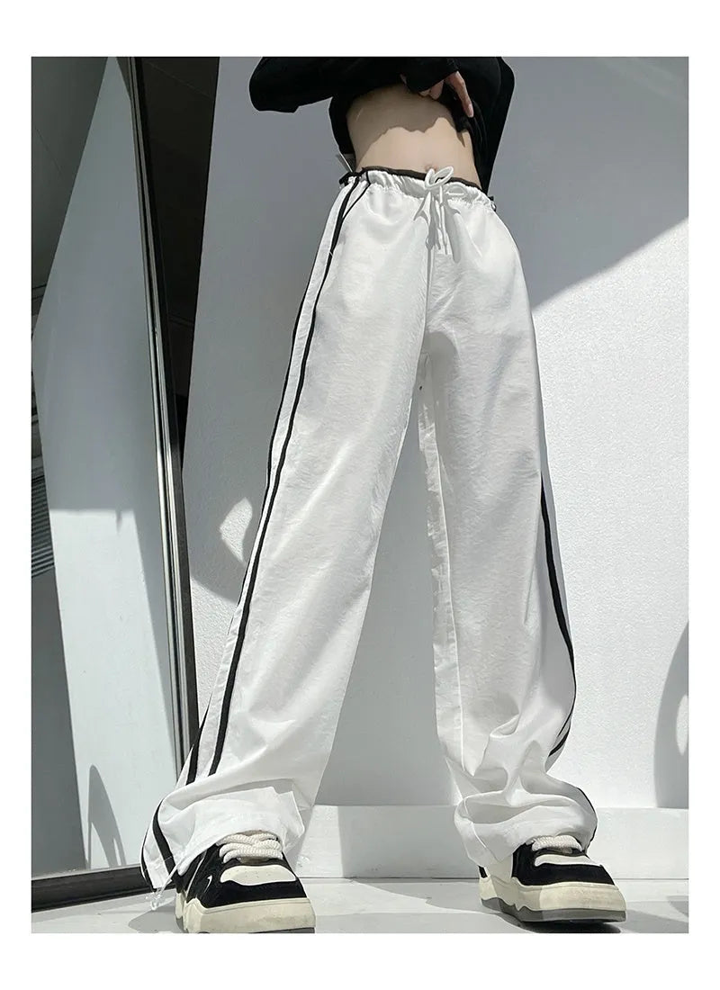 Women's ribbon contrast loose straight trousers in navy blue with low-waist fit and thin fabric