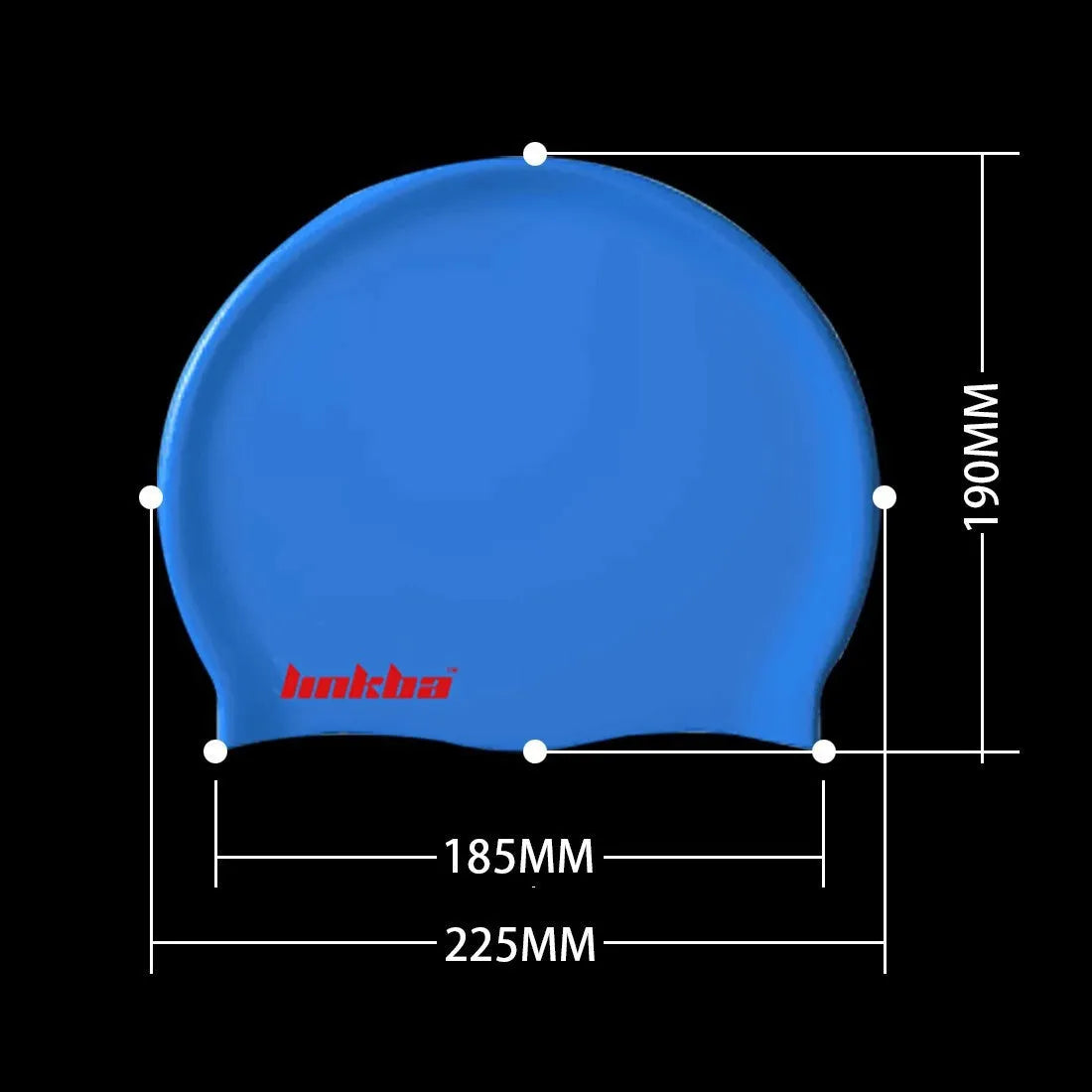 Silicone swimming cap with letter pattern in one of five colours: black, white, yellow, blue, or grey.