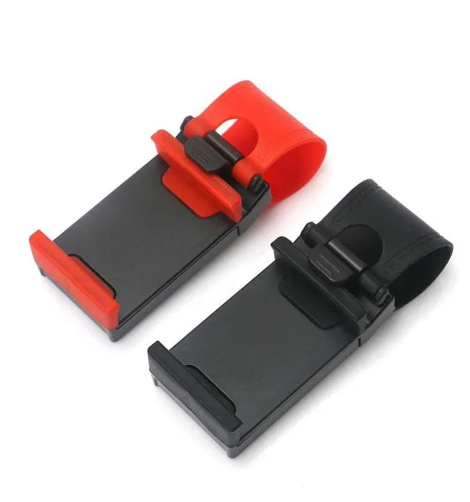 Black steering wheel phone clip mount holder showing adjustable clip and phone placement