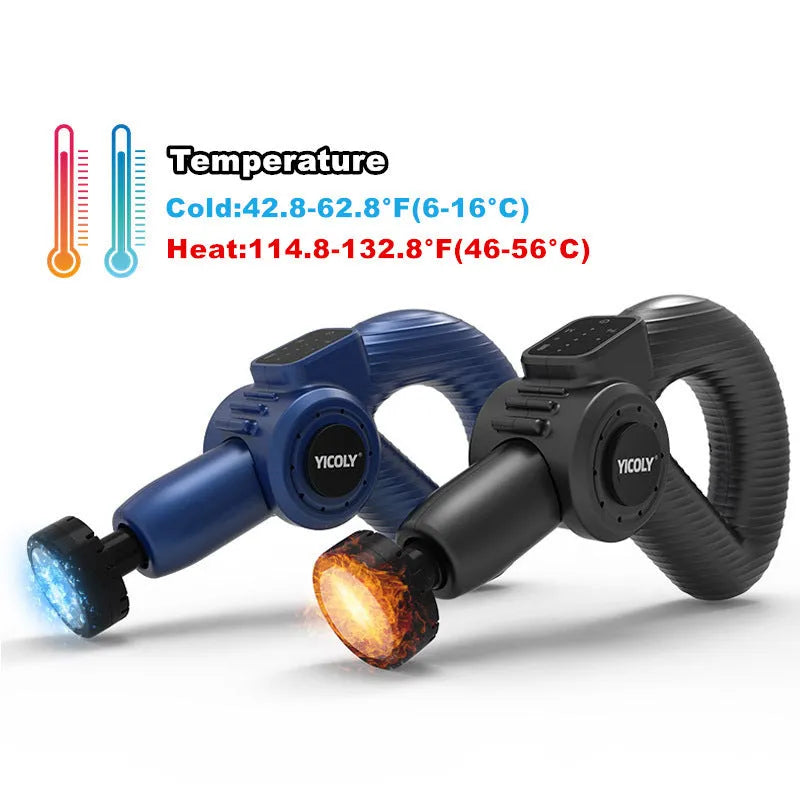 Black smart muscle massage gun with display, attached massage head, and additional heads on a grey background.