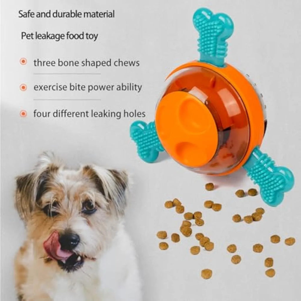 Blue interactive dog chew toy with treat slots and rubber bone attachments for small medium dogs