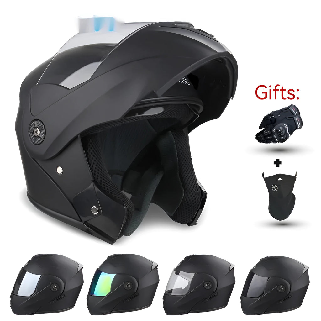 Electric motorcycle helmet with double lens exposed design, ABS plastic shell, available in S M L XL and six colours.
