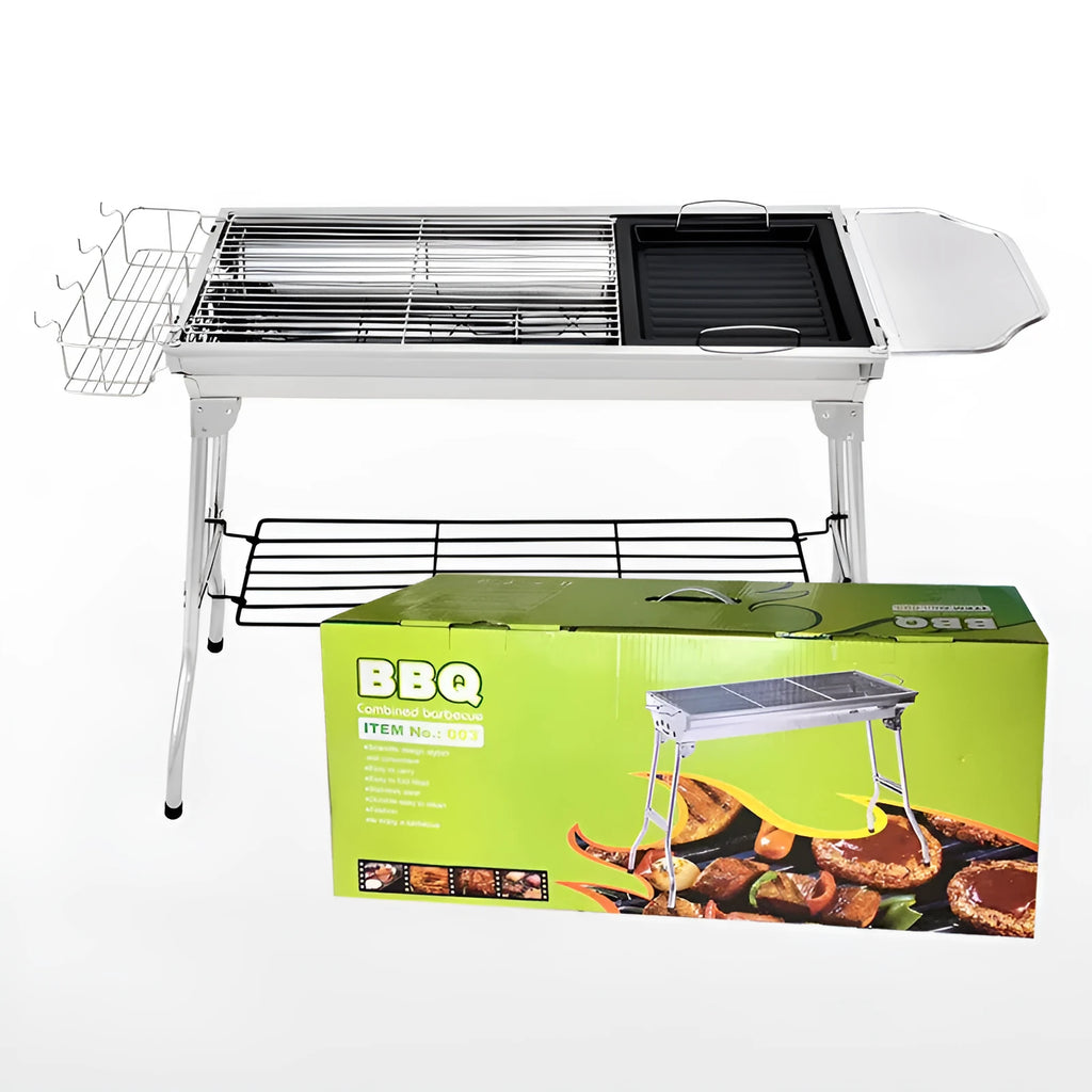 Stainless steel portable folding barbecue oven with dimensions 73cm x 33.5cm x 70cm