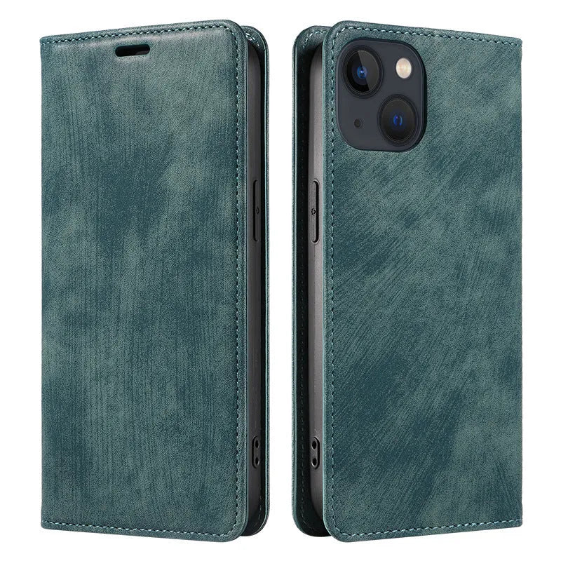 Magnetic flip phone case for iPhone in TPU and leather construction showing black colour option