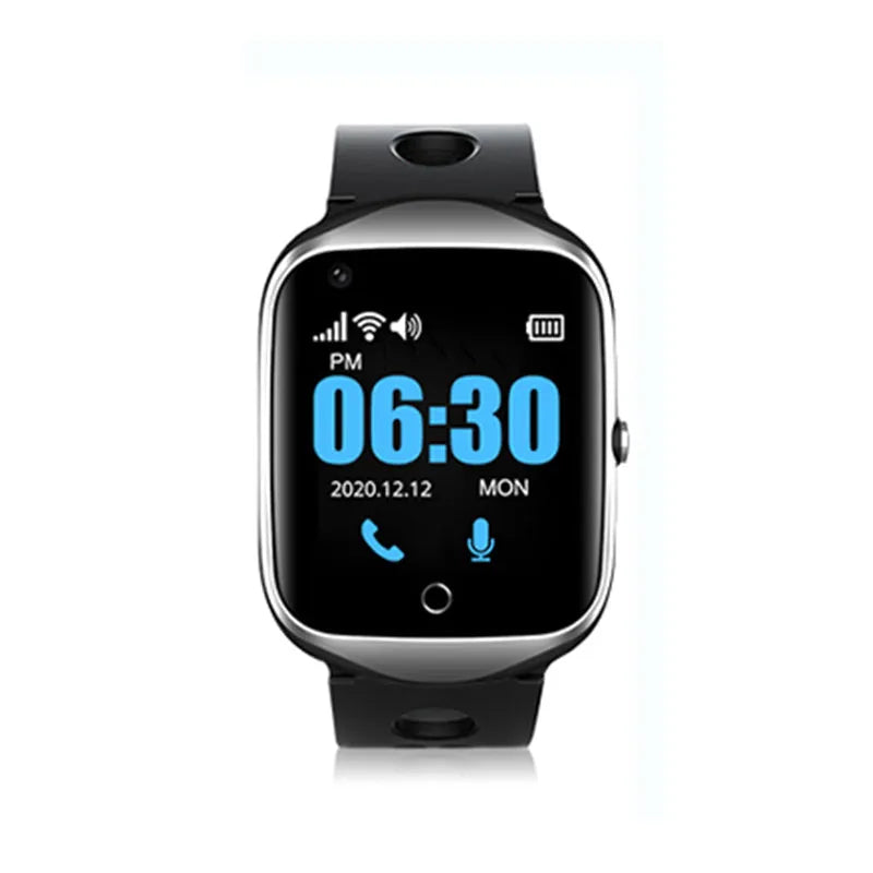 Elderly smartwatch with square colour screen and silicone strap showing GPS and SOS functions