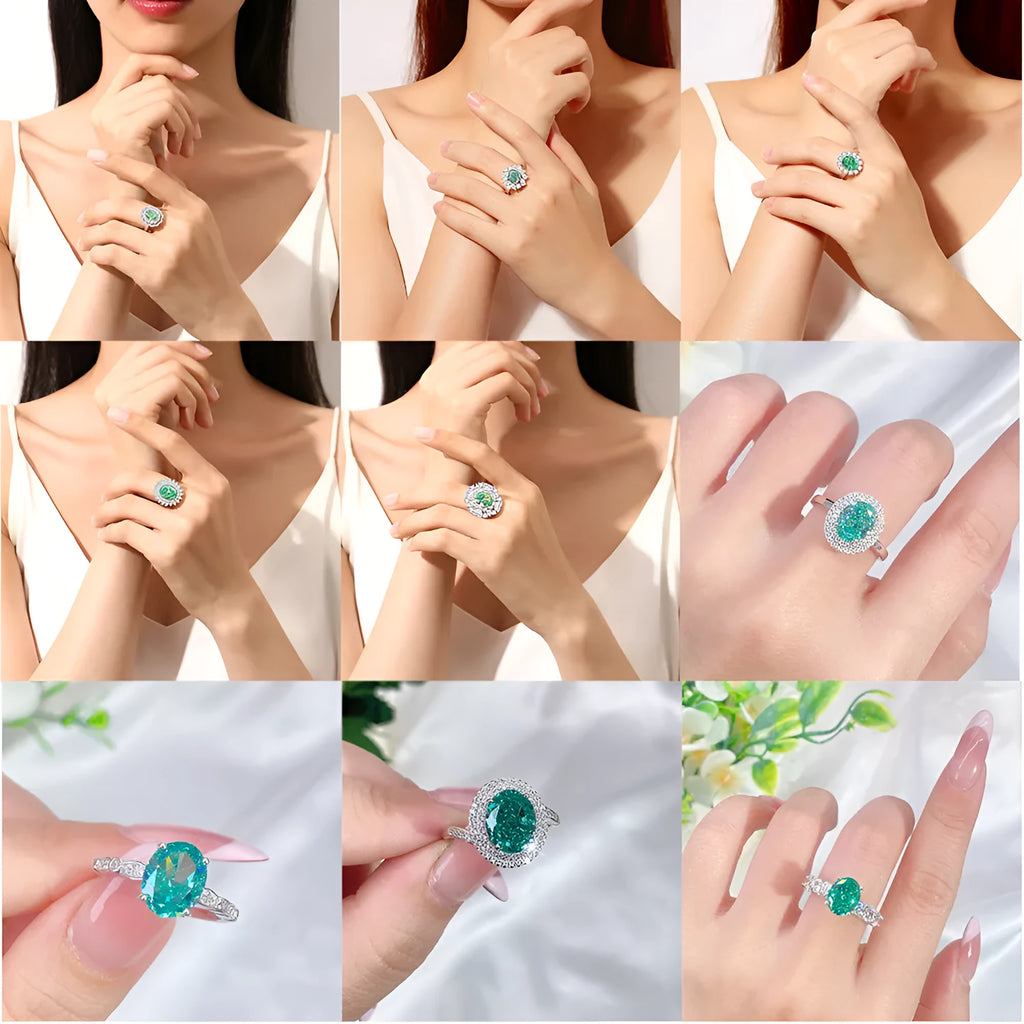 S925 silver emerald ring with high carbon diamond inlay in geometric ellipse shape on model finger.
