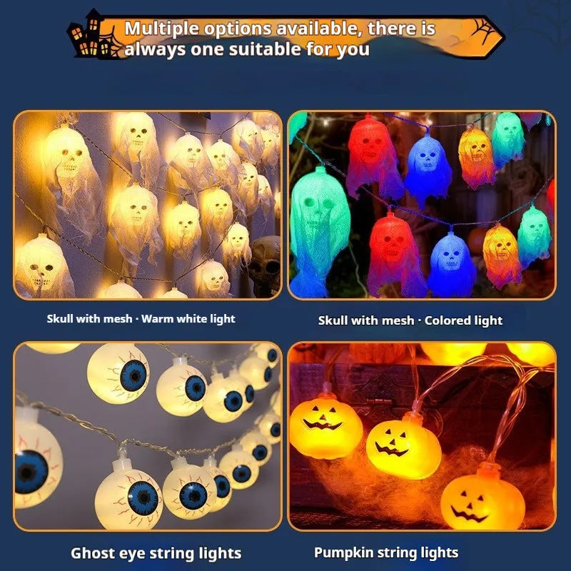 Halloween battery-powered coloured LED light strings for indoor wall decoration in two length options
