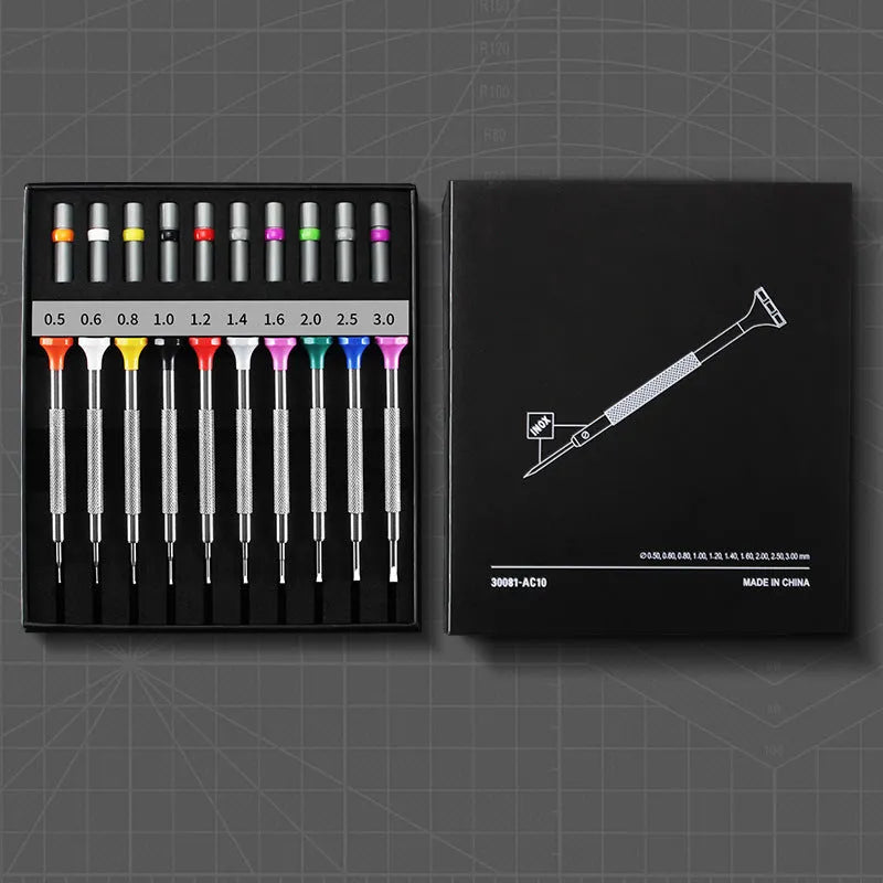 Watch repair screwdriver set with 10 pieces and 20 spare bits in boxed cross format